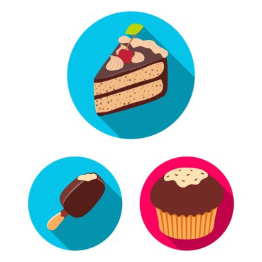 Çikolata tatlı düz simgeler set koleksiyonu tasarım için. Çikolata ve şekerleme vektör simgesi web illüstrasyon stok.