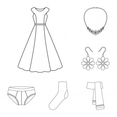 Giysi ve aksesuarları set koleksiyonu tasarım için simgeleri anahat. Ayakkabı ve dekorasyon sembol stok web illüstrasyon vektör.