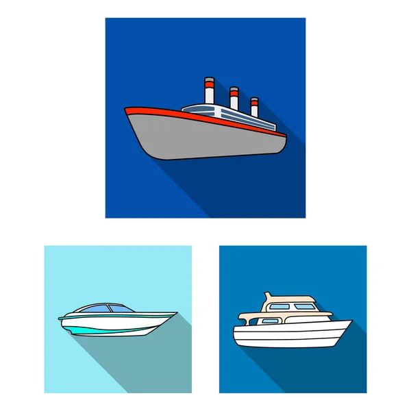 Wody i morza transportu płaskie ikony w kolekcja zestaw do projektowania. Wiele łodzi i statków ilustracji wektorowych symboli zasobów sieci web. — Wektor stockowy
