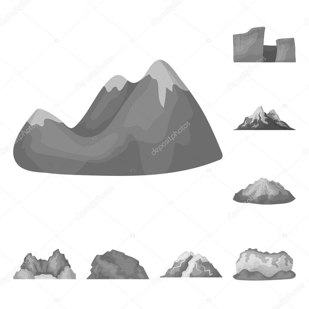 Different mountains monochrome icons in set collection for design.Mountains and landscape vector symbol stock web illustration.