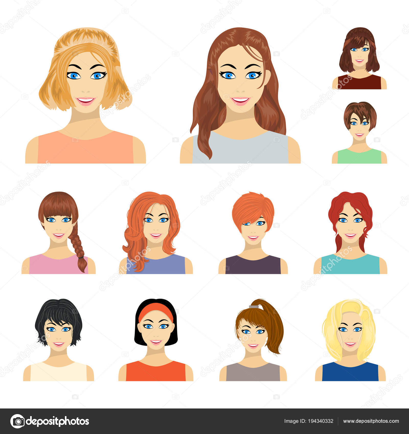 types of female hairstyles cartoon icons in set collection