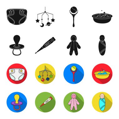 Emzik, elektronik termometre, Çocuk tulumları, çocuk bezi. Bebek set simgeler siyah, flet stil vektör simge stok çizim web içinde tarihi..