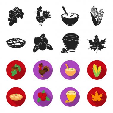 Kızılcık, kabak pasta, Bal Çömleği, akçaağaç yaprağı. Kanada Şükran günü toplama simgeler siyah, flet stil vektör simge stok çizim web içinde ayarla..