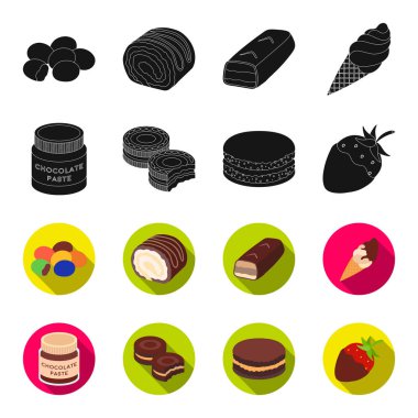Çikolatalı pasta, bisküvi, çilek, çikolata, hamburger. Çikolatalı tatlılar toplama simgeler siyah, flet stil vektör simge stok çizim web içinde ayarla..