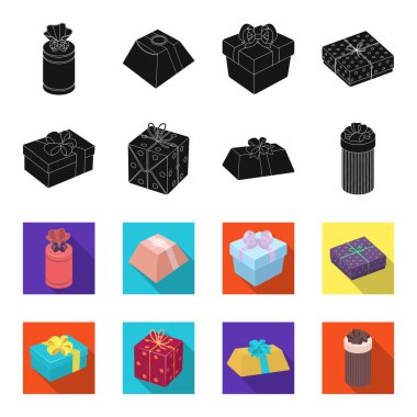 Fiyonklu hediye paketi hediye kutusu. Hediyeler ve sertifikaları toplama simgeler siyah, flet stil vektör simge stok çizim web ayarla.