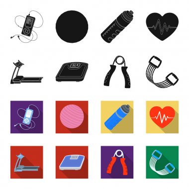 Koşu bandı, ölçekler, expander ve ekipman eğitim için diğer. Spor ve egzersiz toplama simgeler siyah, flet stil vektör simge stok çizim web ayarla.