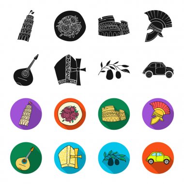 Mandolin, baba, zeytin, retro otomatik. İtalya ülke toplama simgeler siyah, flet stil vektör simge stok çizim web içinde ayarla..