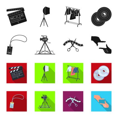 Rozet, operatör jest ve diğer aksesuarları film için. Toplama simgeler siyah, flet stil vektör simge stok çizim web içinde ayarla filmini.