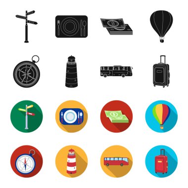 Tatil, seyahat, deniz feneri, pusula. Dinlenmek ve küme toplama simgeler siyah, flet stil vektör simge stok çizim web içinde seyahat.