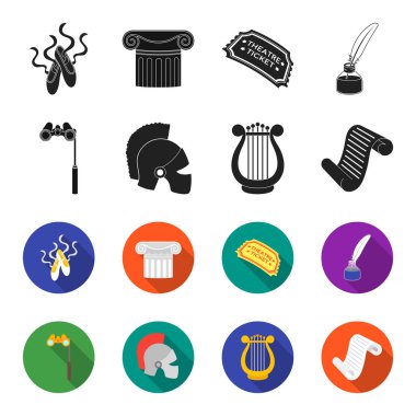 Tiyatro dürbün, kask, harp ve kağıt kaydırma. Tiyatro toplama simgeler siyah, flet stil vektör simge stok çizim web içinde ayarla..