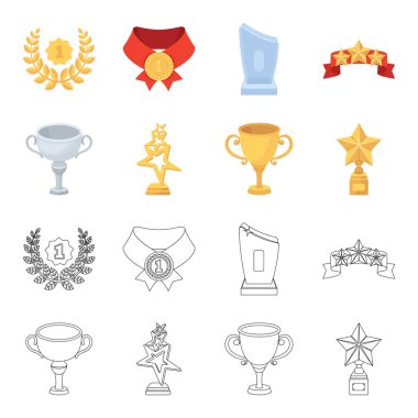 Gümüş Kupası ikincilik için stand, bir yıldız, bir gold Kupası ile bir fincan altın yıldız. Kupalar ve ödüller çizgi film, anahat stili vektör simge stok çizim web simgeler ayarla.