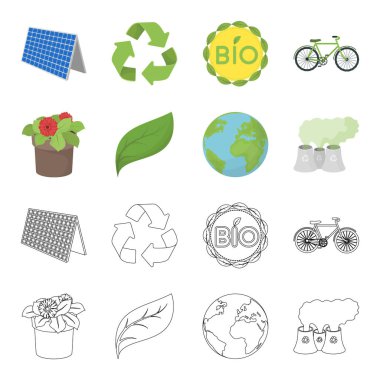 Bir işleme tesisi, bir pot, yeşil bir yaprak, bir gezegen Earth.Bio ve ekoloji çiçek toplama simgeler çizgi film, anahat stili vektör simge stok çizim web ayarla.