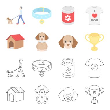 Köpek ev, koruyucu yakalı, köpek namlu, cup. Köpek toplama simgeler çizgi film, anahat stili vektör simge stok çizim web ayarla..