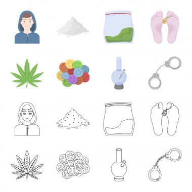 Kenevir yaprak, ecstasy hap, kelepçe, bong. İlaç toplama simgeler çizgi film, anahat stili vektör simge stok çizim web ayarla..