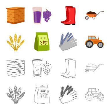 Spikelets buğday, bir paket tohum, traktör, eldiven. Çiftlik toplama simgeler çizgi film, anahat stili vektör simge stok çizim web ayarla..