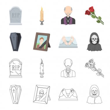 Tabut bir kapak ve bir haç, merhum yas kurdele ile bir ceset morgda etiket, ölüm bir başlıklı tablo bir fotoğraf ile. Cenaze töreni karikatür koleksiyonu Icons set