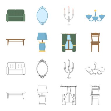 Bir sehpa, bir lamba, perdeler, bir sandalye. Mobilya toplama simgeler çizgi film, anahat stili vektör simge stok çizim web ayarla..