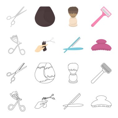 Makas, fırça, jilet ve diğer ekipmanlar. Kuaför toplama simgeler çizgi film, anahat stili vektör simge stok çizim web ayarla..