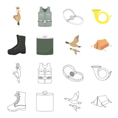 Uçan ördek, şişesi, çizmeler, çadır... Avcılık toplama simgeler çizgi film, anahat stili vektör simge stok çizim web ayarla..