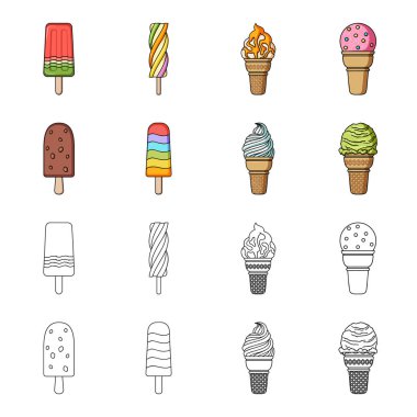 Bir gözleme koni ve diğer türler bir sopa dondurma. Dondurma toplama simgeler çizgi film, anahat stili vektör simge stok çizim web ayarla..
