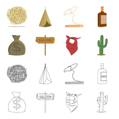 Para, salon, kovboy fuları, kaktüs torba. Vahşi Batı toplama simgeler çizgi film, anahat stili vektör simge stok çizim web ayarla..