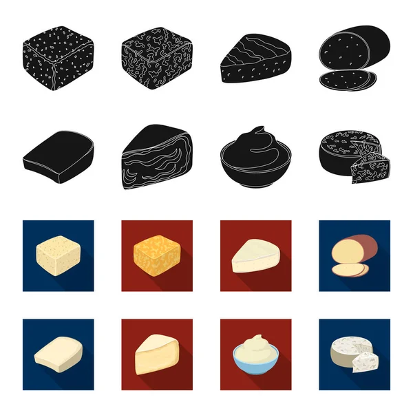 Gruyere, camembert, mascarpone, gorgonzola.Different tipos de queijo conjunto coleção ícones em preto, estilo flet vector símbolo estoque ilustração web . — Vetor de Stock
