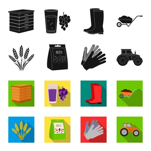 Espiguillas de trigo, un paquete de semillas, un tractor, guantes.Iconos de colección conjunto de granja en negro, flet estilo vector símbolo stock ilustración web . — Vector de stock