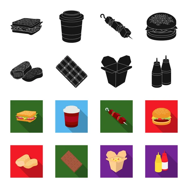 Chocolate, noodles, nuggets, sauce.Fast food set icons in black, flet style vector symbol stock illustration web . — стоковый вектор