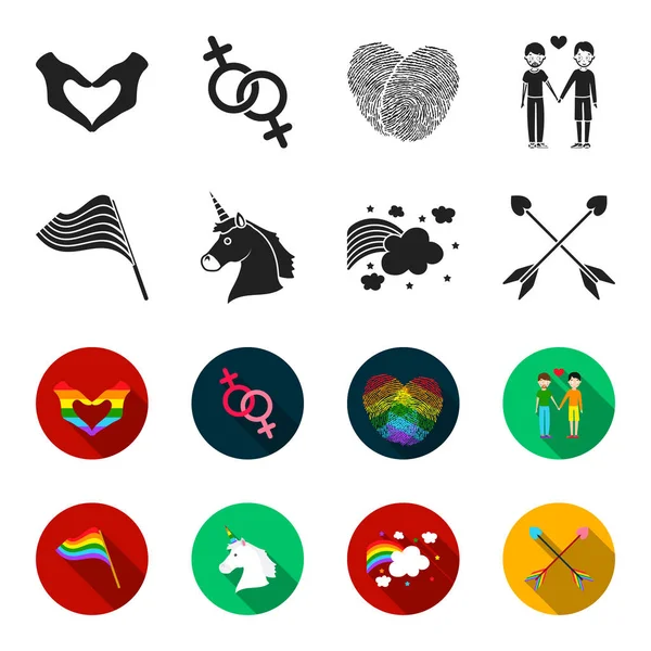 Bandiera, simbolo unicorno, frecce con cuore.Gay set raccolta icone in nero, flet stile vettoriale simbolo stock illustrazione web . — Vettoriale Stock