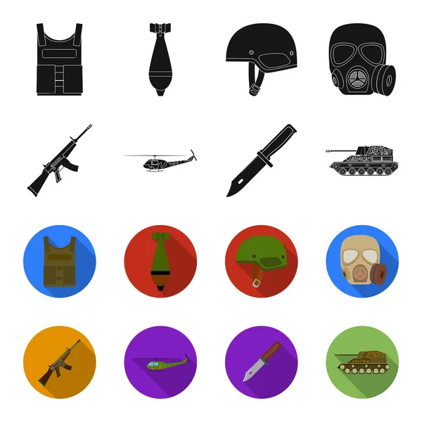 Fusil de asalto M16, helicóptero, tanque, cuchillo de combate. Militar y ejército conjunto colección iconos en negro, flet estilo vector símbolo stock ilustración web . — Vector de stock