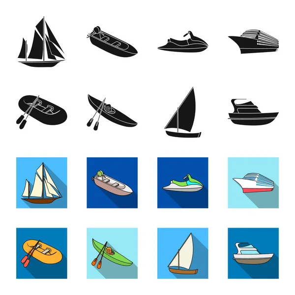 A rubber fishing boat, a kayak with oars, a fishing schooner, a motor yacht.Ships and water transport set collection icons in black,flet style vector symbol stock illustration web.