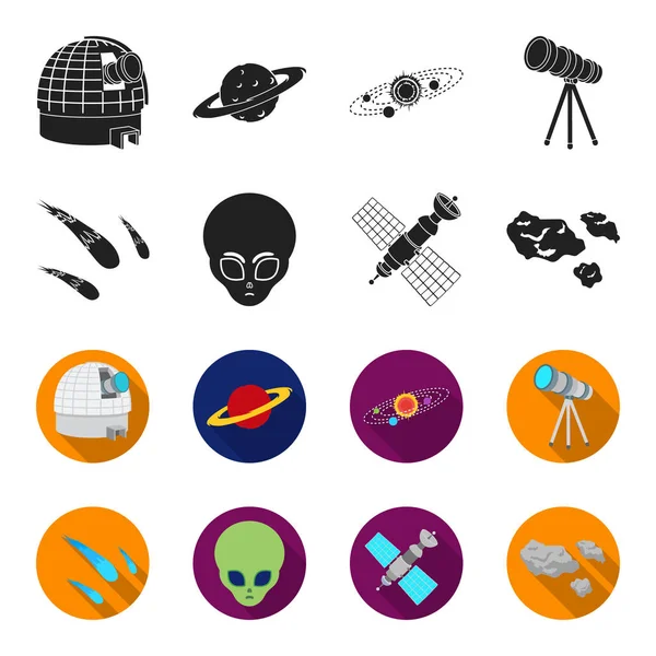 Asteroid, bil, meteorit, rymdskepp, station med solbatterier, ansiktet av en utlänning. Utrymme som samling ikoner i svart, flet stil vektor symbol stock illustration web. — Stock vektor