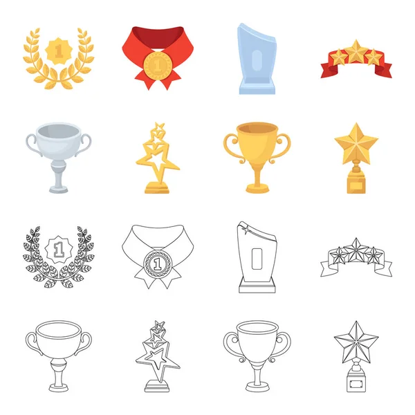 Copa de plata para el segundo lugar, estrellas de oro en el stand, una taza con una estrella, una copa de oro.Premios y trofeos conjunto de iconos de la colección en dibujos animados, contorno estilo vector símbolo stock ilustración web . — Vector de stock