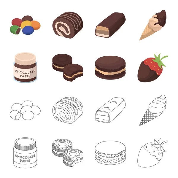 Pastas de chocolate, galletas, fresas en chocolate, hamburguesas. Los postres de chocolate establecen iconos de colección en dibujos animados, contorno estilo vector símbolo stock ilustración web . — Archivo Imágenes Vectoriales