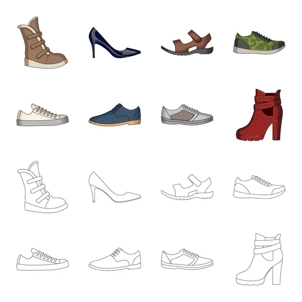 Un conjunto de iconos en una variedad de zapatos.Diferentes zapatos icono único en la historieta, contorno estilo vector web símbolo stock illustration . — Vector de stock