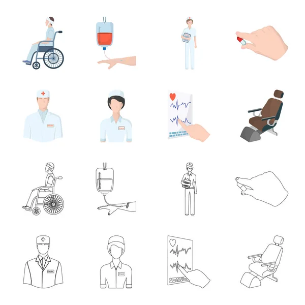 De behandelende geneesheer, de verpleegster, de cardiogram van het hart, de tandheelkundige stoel. Medicineset collectie iconen in de tekenfilm, overzicht stijl vector symbool stock illustratie web. — Stockvector