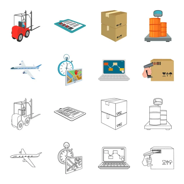 Aéronefs de transport, livraison à temps, comptabilité informatique, contrôle et déclaration en détail des marchandises. Ensemble logistique et livraison icônes de collection dans la bande dessinée, style de contour isométrique vectoriel symbole stock — Image vectorielle