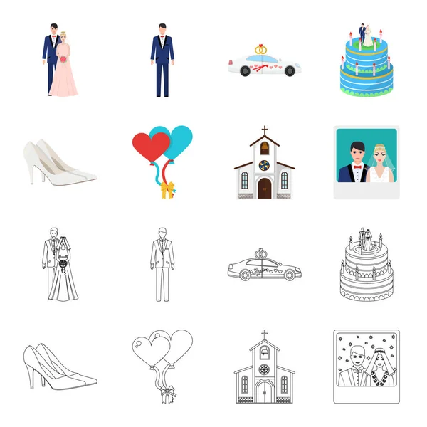 婚礼和属性卡通, 大纲图标在集合中设计。新婚夫妇和附件矢量符号股票 web 插图. — 图库矢量图片