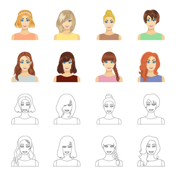 Tipos de dibujos animados peinados femeninos, iconos de contorno en la colección de conjuntos para el diseño. Apariencia de una mujer vector símbolo stock web ilustración . — Vector de stock