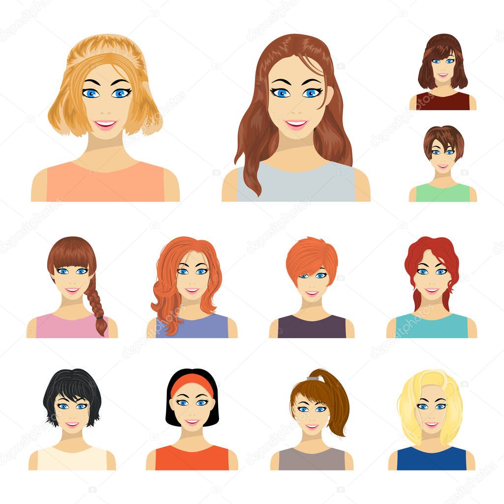 Types of female hairstyles cartoon icons in set collection for design. Appearance of a woman vector symbol stock web illustration.