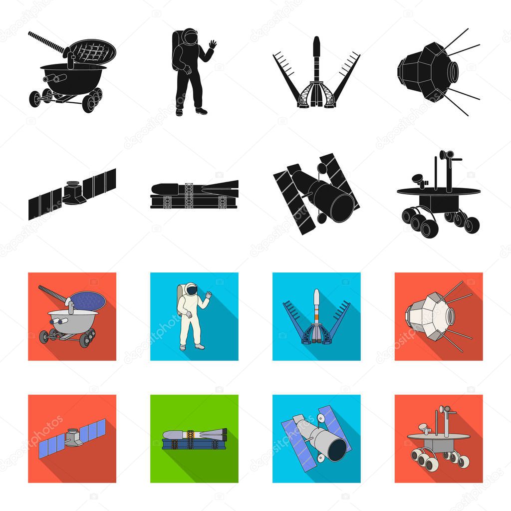 The space station in orbit, the preparation of the launch rocket, the lunar rover on the surface. Space technology set collection icons in black,flet style vector symbol stock illustration .