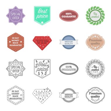 Para iade garantisi, VIP, orta kalite, üstün kaliteli. Etiket, çizgi film, anahat stili vektör simge stok çizim web simgeler ayarla.