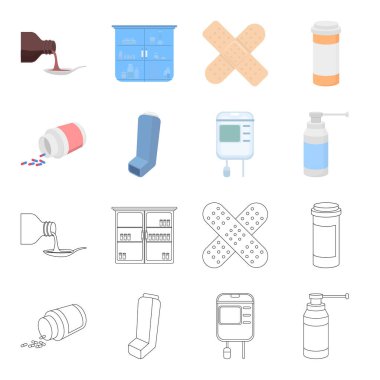 Tablet, ilaç, kan, sprey ile konteyner. İlaç toplama simgeler çizgi film, anahat stili vektör simge stok çizim web ayarla..