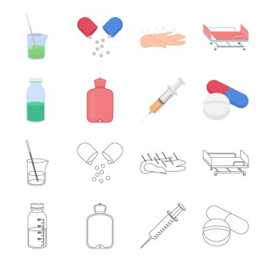Çözüm, daha sıcak, şırınga, hap. İlaç toplama simgeler çizgi film, anahat stili vektör simge stok çizim web ayarla..