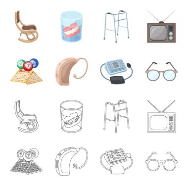 Piyango, işitme yardım, tonometer, gözlük. Yaşlılık toplama simgeler çizgi film, anahat stili vektör simge stok çizim web ayarla..