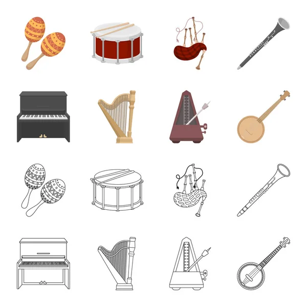 Banjo, pianoforte, arpa, metronomo. Strumenti musicali set icone di raccolta in cartone animato, contorno stile vettore simbolo stock illustrazione web . — Vettoriale Stock
