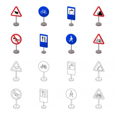 Yol işaretleri farklı türde karikatür, set koleksiyonu tasarım için anahat simgeleri. Uyarı ve yasağı işaretler sembol stok web illüstrasyon vektör.