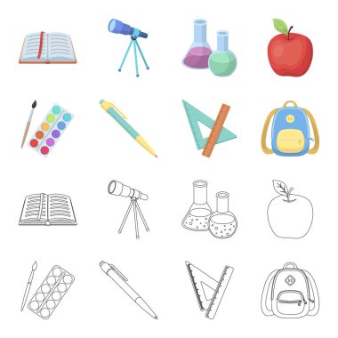 Çok renkli boyalar bir Püskül, kalem, üçgen ve cetvel, el çantası, evrak çantası ile. Okul ve eğitim çizgi film, anahat stili vektör simge stok çizim web simgeler ayarla.