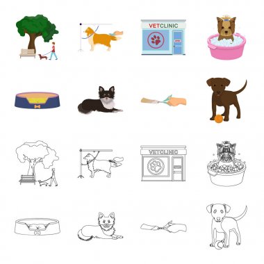 Tembel bir evcil hayvan, pençeleri veteriner Kliniği, kırpma, köpek yalan, bir top ile köpek yavrusu için. Köpek bakım veteriner Kliniği ve evde beslenen hayvan, çizgi film, anahat stili vektör simge stok çizim web simgeler ayarla.