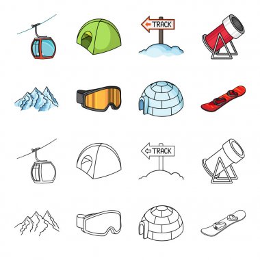 Dağlar, gözlük, bir Eskimo, snowboard. Kayak Merkezi toplama simgeler çizgi film, anahat stili vektör simge stok çizim web ayarla..